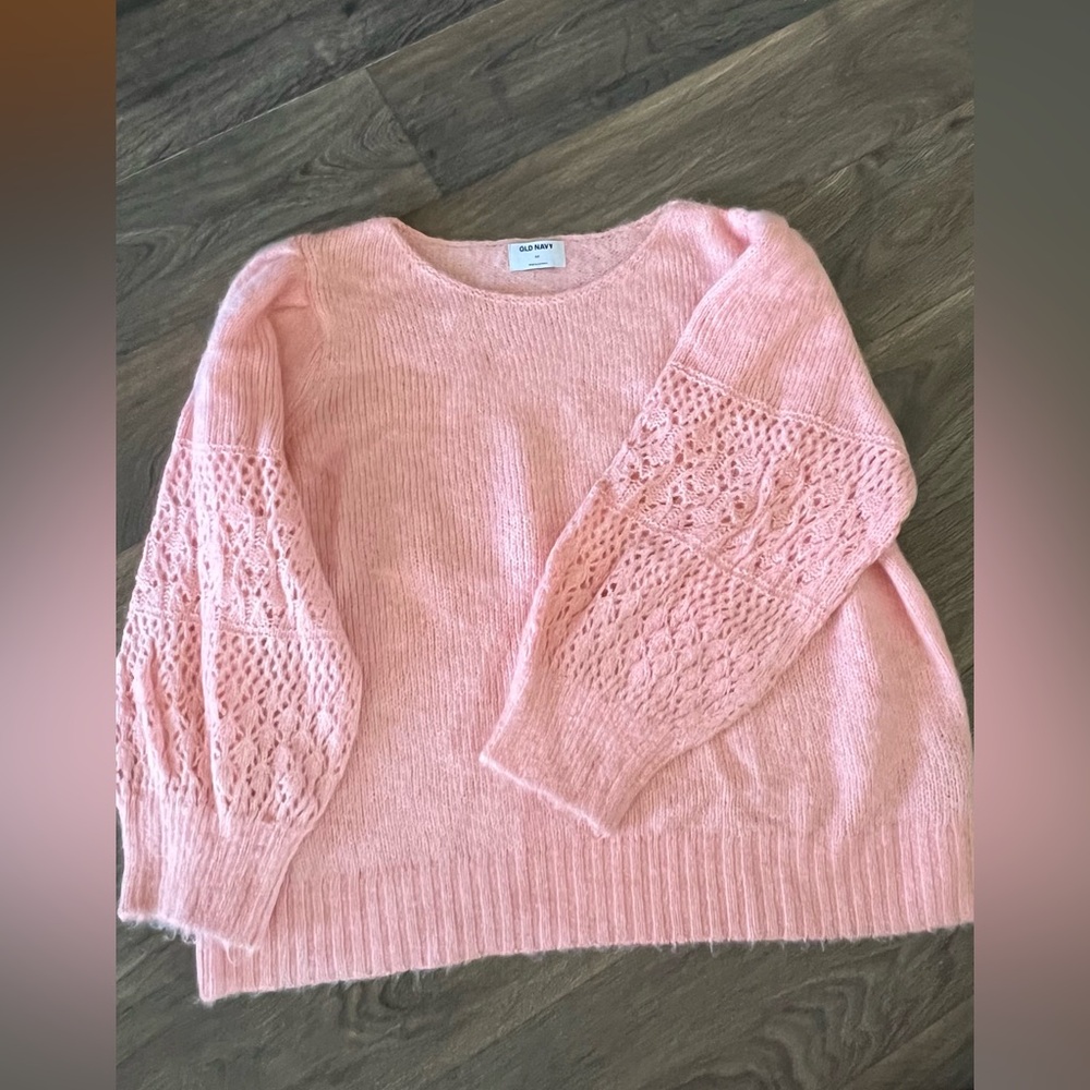 Old Navy sweater with crochet detail on the sleeves